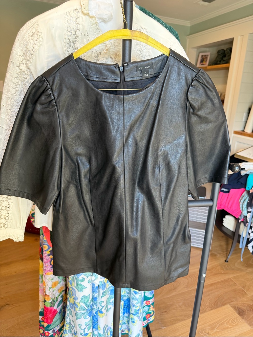 Ann Taylor Black Faux Leather Short Sleeve Top